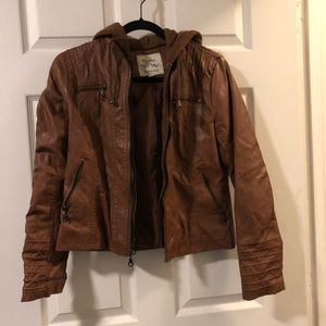 Brown leather jacket with hood